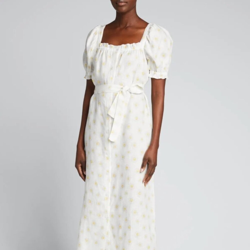 SLEEPER Brigitte Linen Midi Dress Yellow Flowers XS
